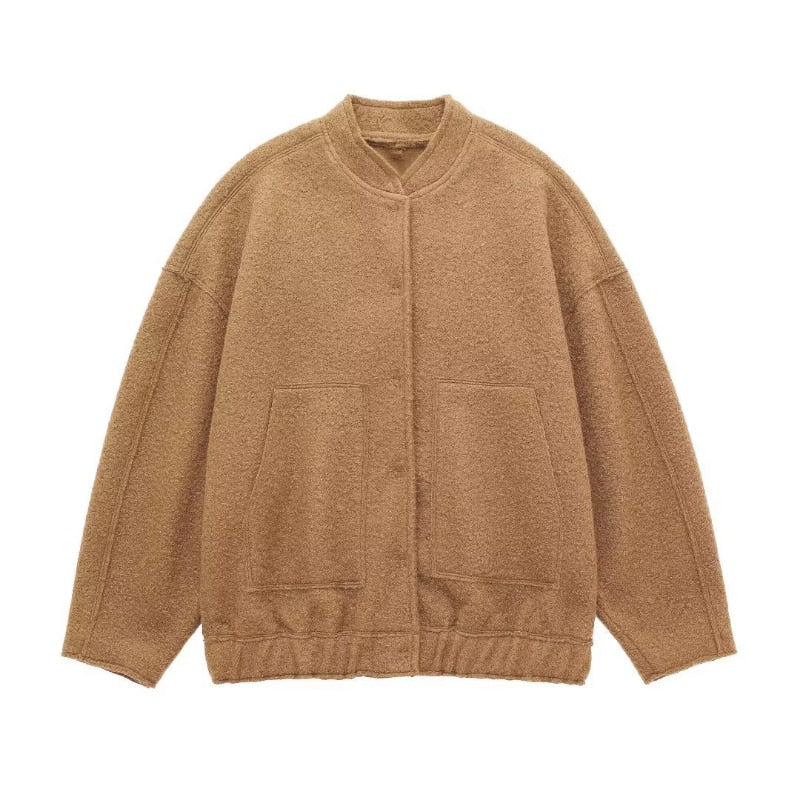 Oversized Wool Coat with Round Neck and Buttons - Selena-Camel-S-The Livary