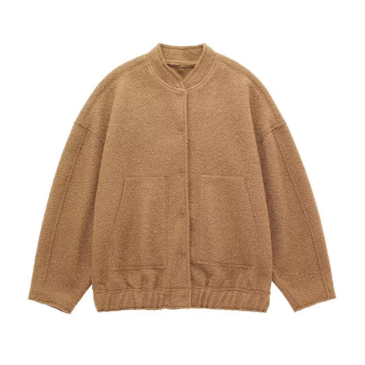Oversized Wool Coat with Round Neck and Buttons - Selena-Camel-S-The Livary