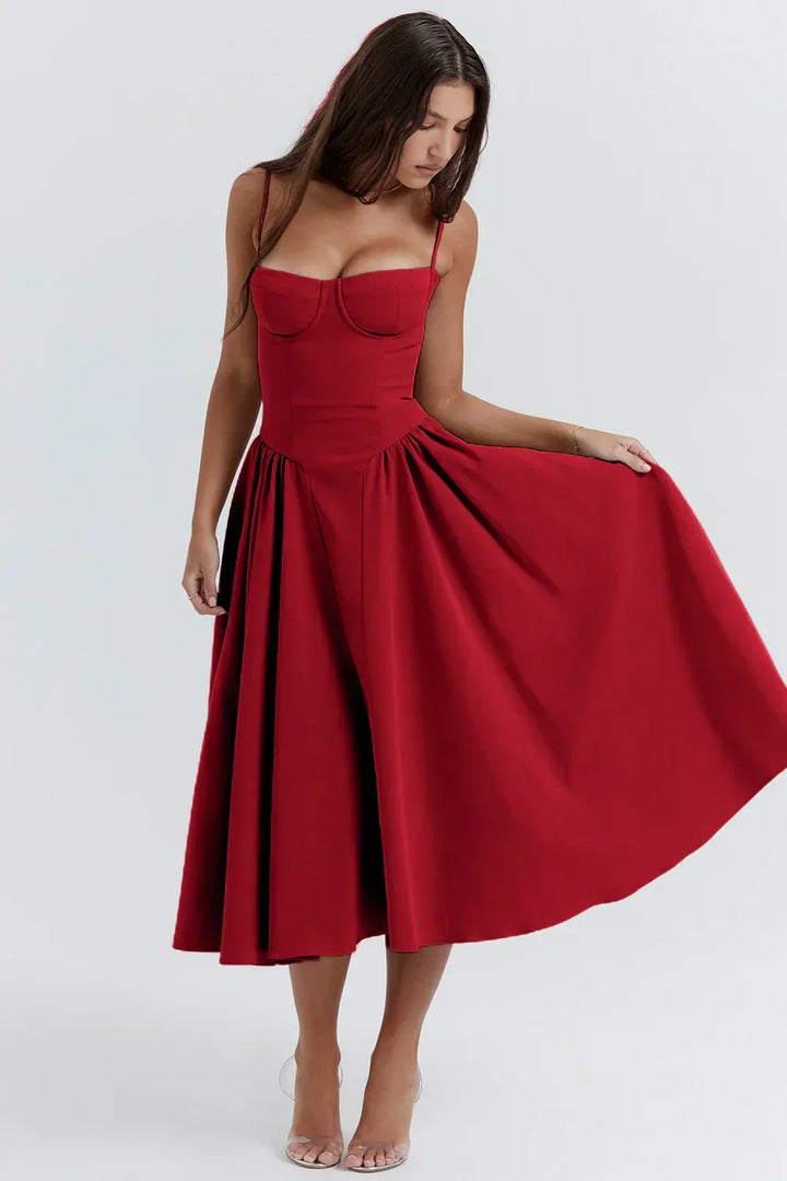 Stylish ladies' summer dress with spaghetti straps & waist corset – Mira-Blue-S-The Livary