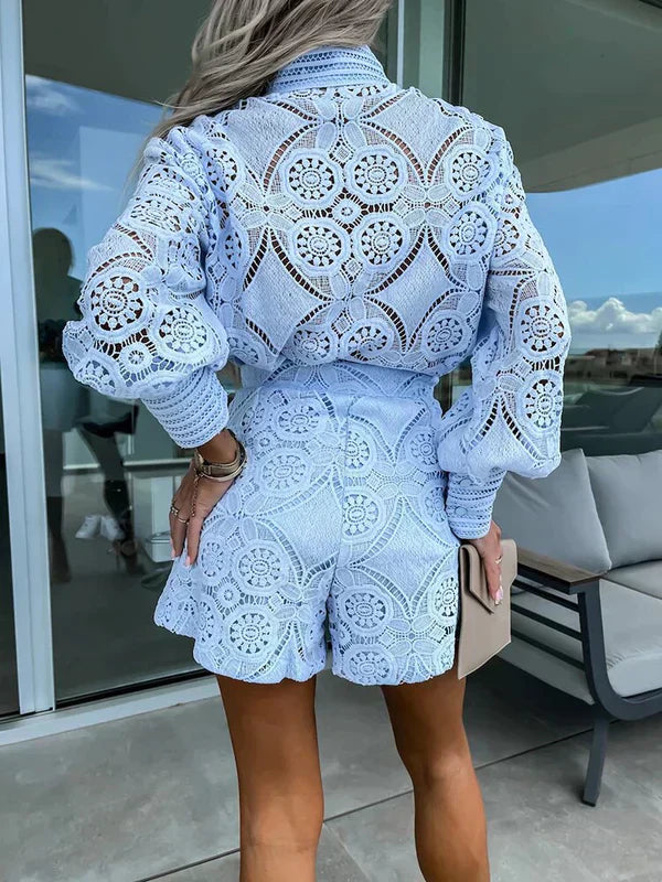 Two-piece lace set for women for summer – Mira-Blue-S-The Livary