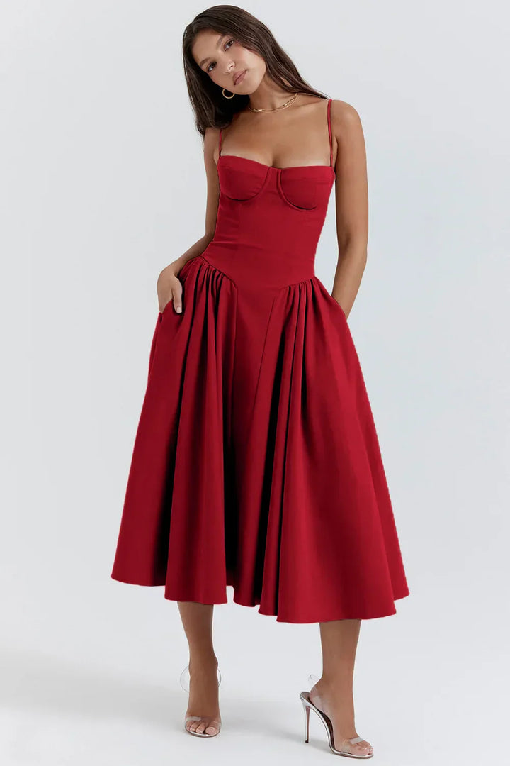 Stylish ladies' summer dress with spaghetti straps & waist corset – Mira-Blue-S-The Livary