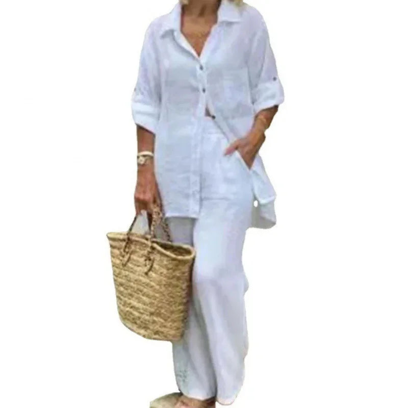 Airy & Stylish Oversized Linen Combo with Blouse and Trousers for Women – Amaris-Blue-S-The Livary
