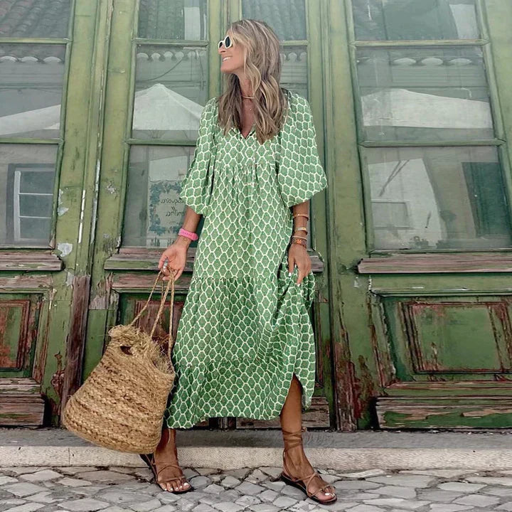 Boho summer dress in Ibiza style with a loose fit – Elira-Green & White-S-The Livary