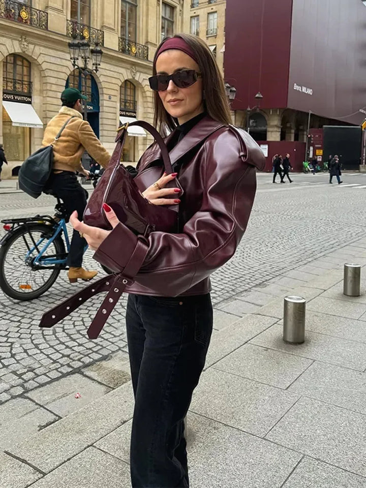 Short women's leather jacket in cherry red with lapel collar – Livana-Cherry red (Burgundy)-S-The Livary