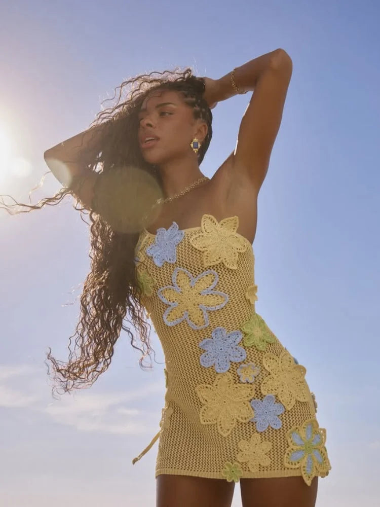 Yellow crocheted summer mini dress with floral embroidery for women – Nari-S-The Livary