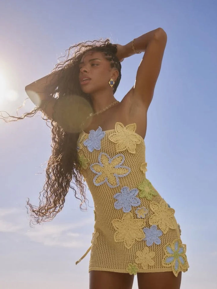 Yellow crocheted summer mini dress with floral embroidery for women – Nari-S-The Livary