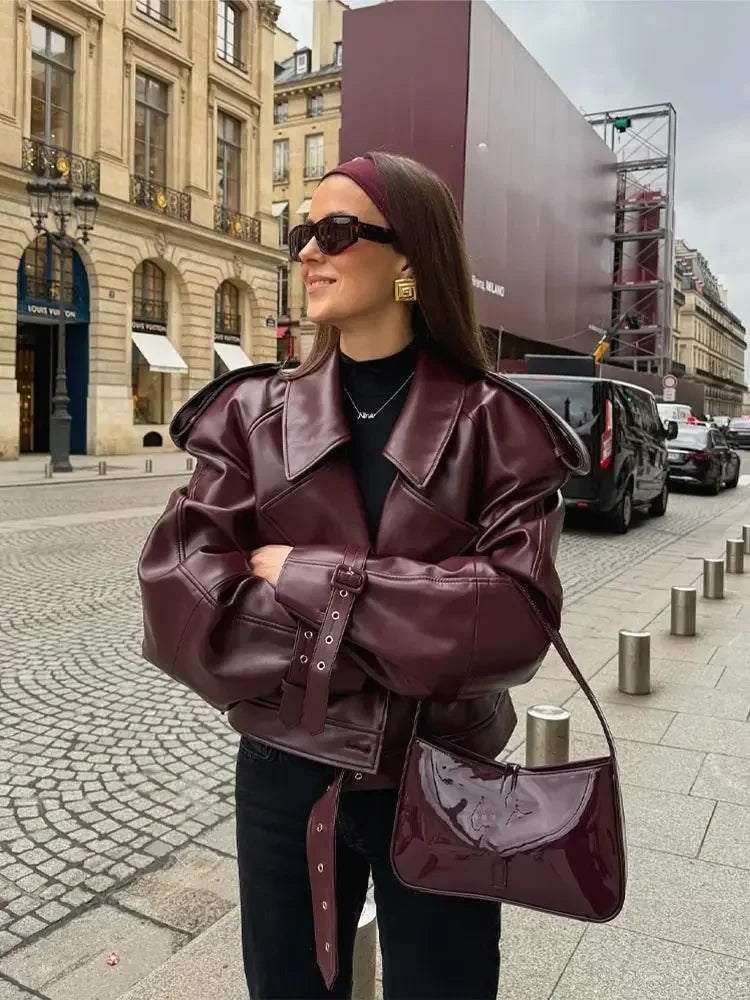 Short women's leather jacket in cherry red with lapel collar – Livana-Cherry red (Burgundy)-S-The Livary