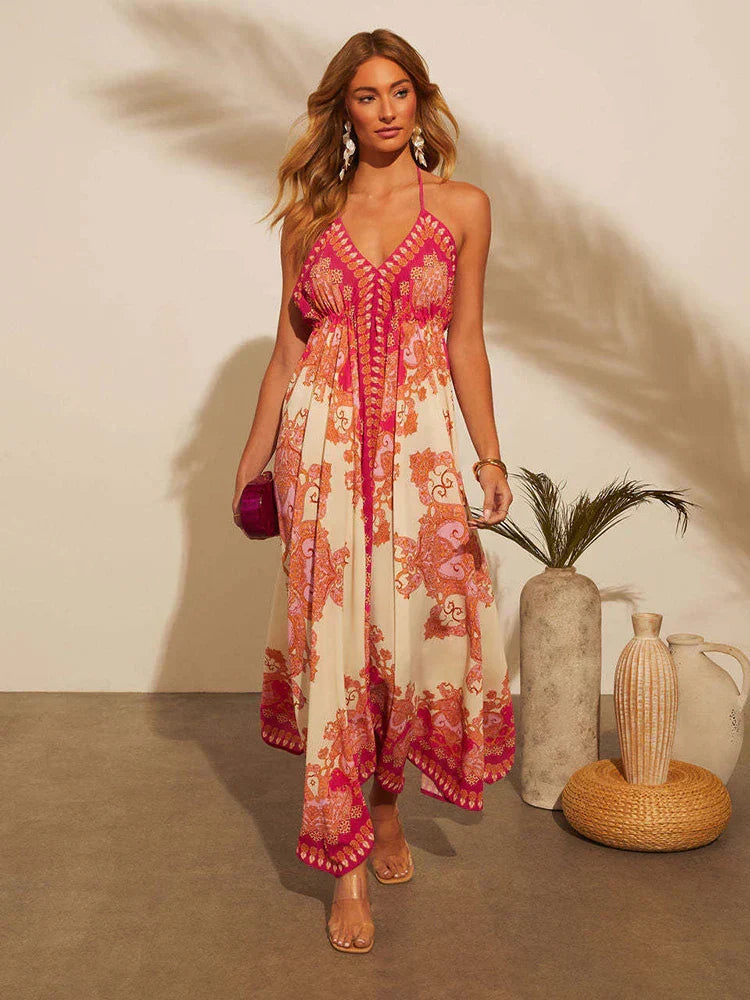 Airy & Stylish Boho Maxi Dress with Halterneck for Women – Naya-Red-S-The Livary