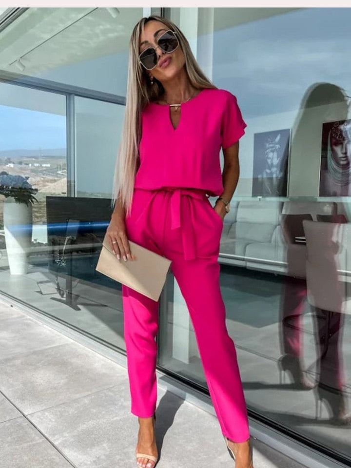 Jumpsuit with Short Sleeves and Belt - Eliana-Fuchsia-S-The Livary