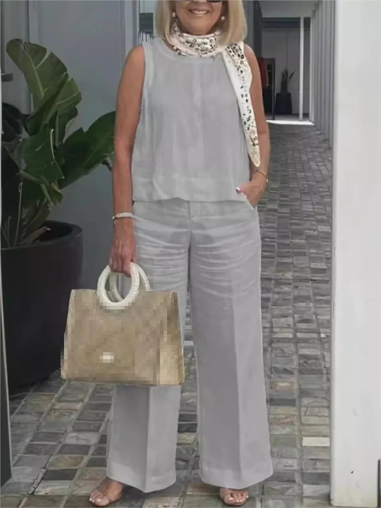Two-piece women's summer set made of linen with sleeveless blouse – Maelis-Grey-S-The Livary