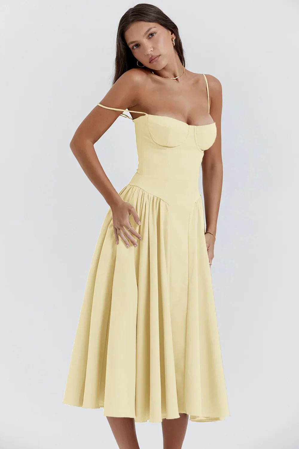 Stylish ladies' summer dress with spaghetti straps & waist corset – Mira-Blue-S-The Livary