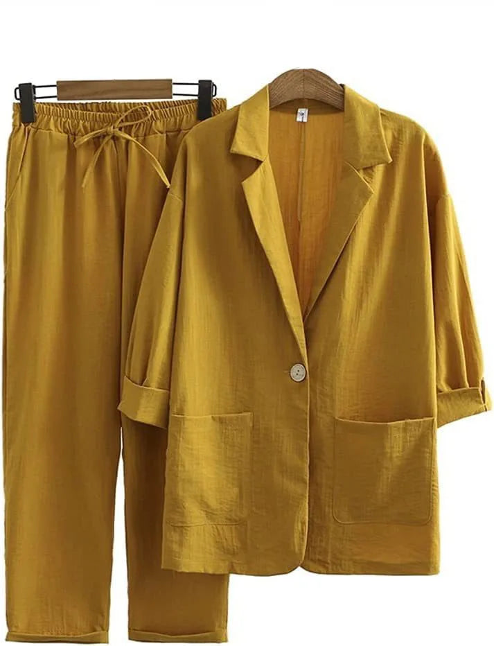 Airy & Stylish Two-Piece with Jacket and Straight Trousers for Women – Sorella-Yellow-S-The Livary