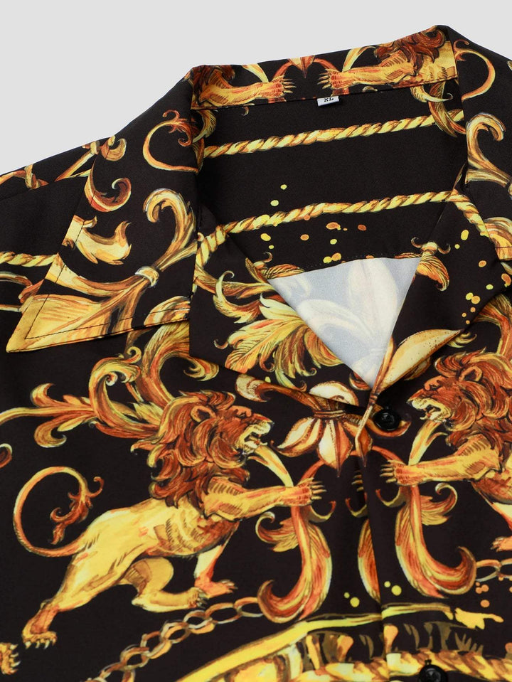Expressive men's short-sleeved shirt with baroque pattern & lion motif – Dante-M-The Livary