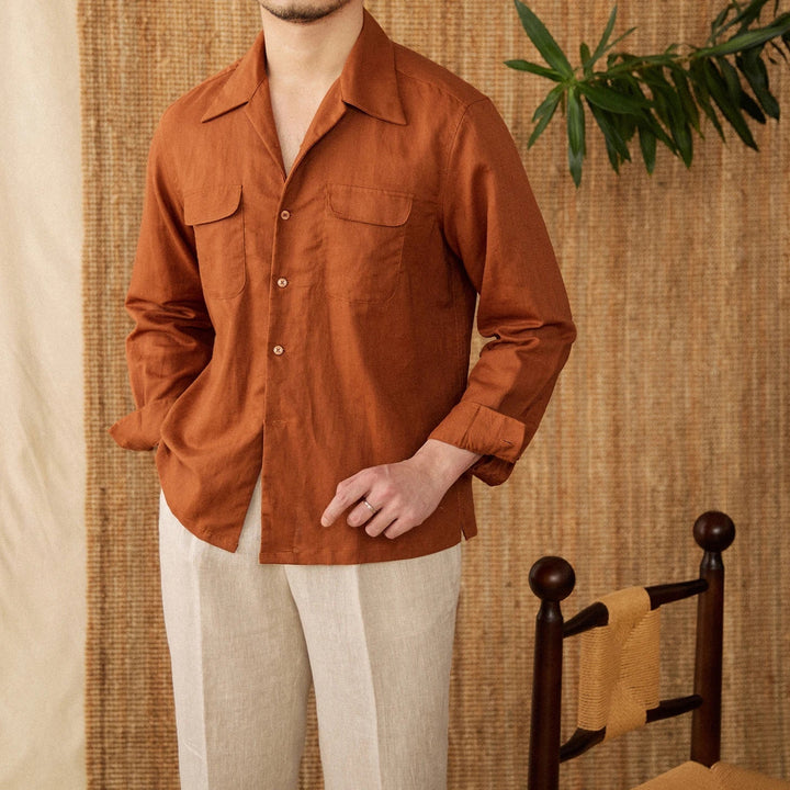 Lightweight men's shirt made of linen with Cuban collar and long sleeves – Mateo-Brown-S-The Livary