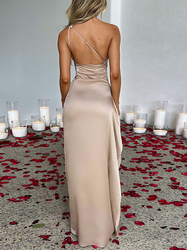 One Shoulder Satin Dress - VelvetGlam-Pink-S-The Livary