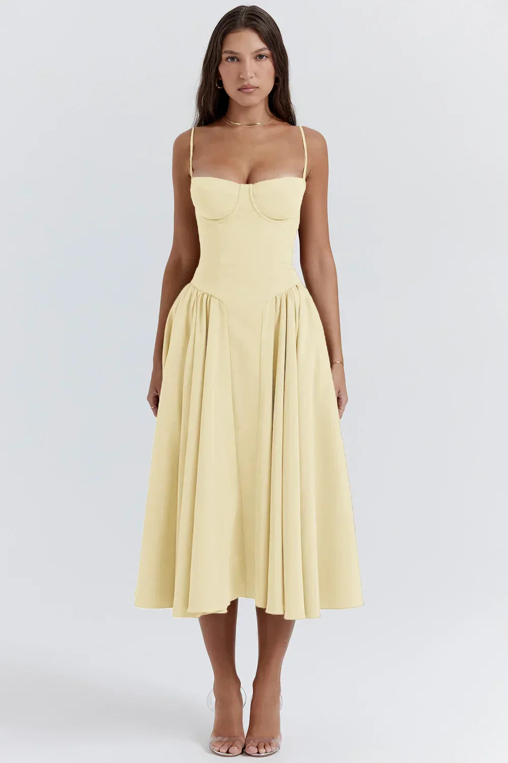 Stylish ladies' summer dress with spaghetti straps & waist corset – Mira-Yellow-S-The Livary