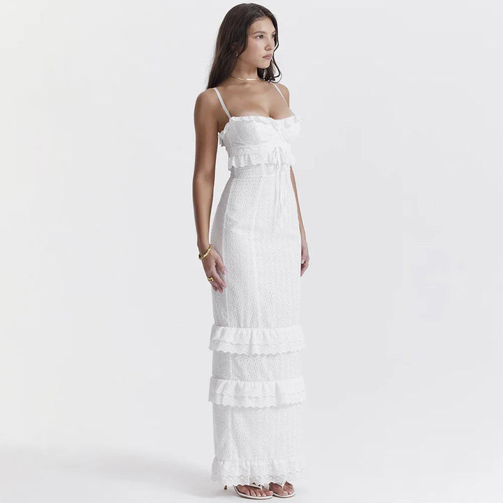 Stylish Embroidered Camisole Maxi Dress in White - Alina-XS-The Livary