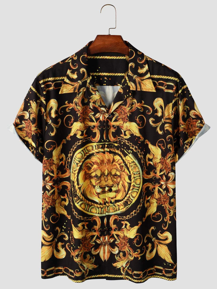 Expressive men's short-sleeved shirt with baroque pattern & lion motif – Dante-M-The Livary