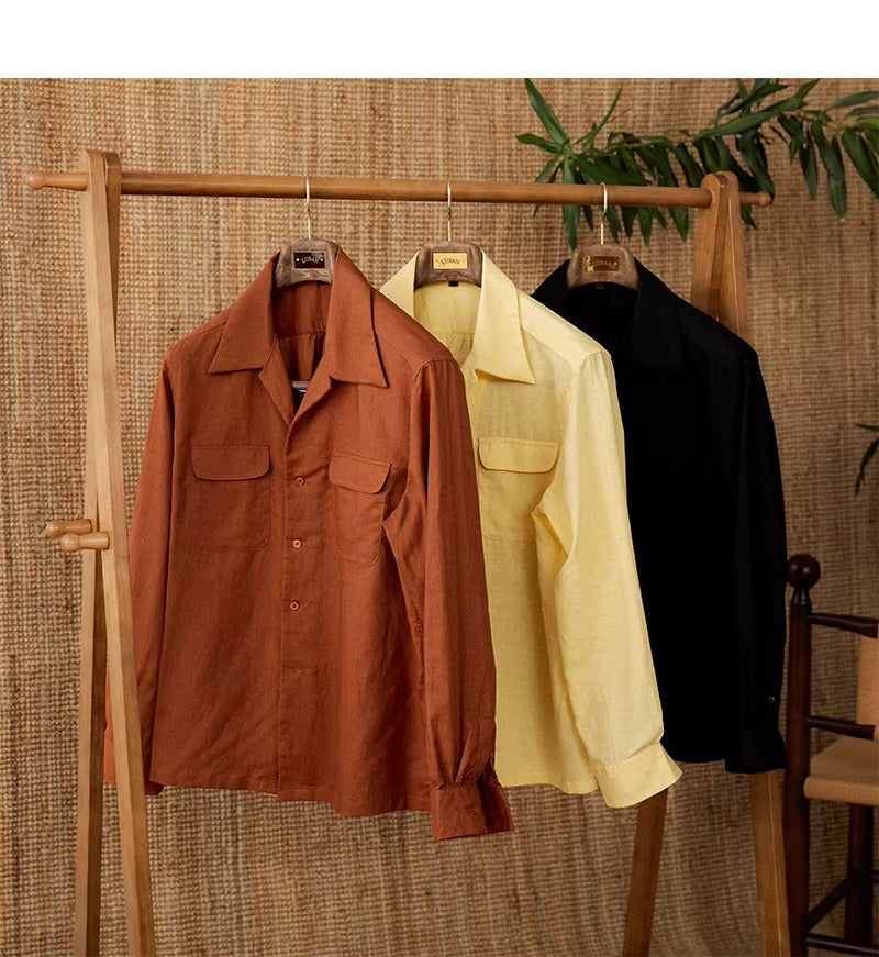 Lightweight men's shirt made of linen with Cuban collar and long sleeves – Mateo-Brown-S-The Livary