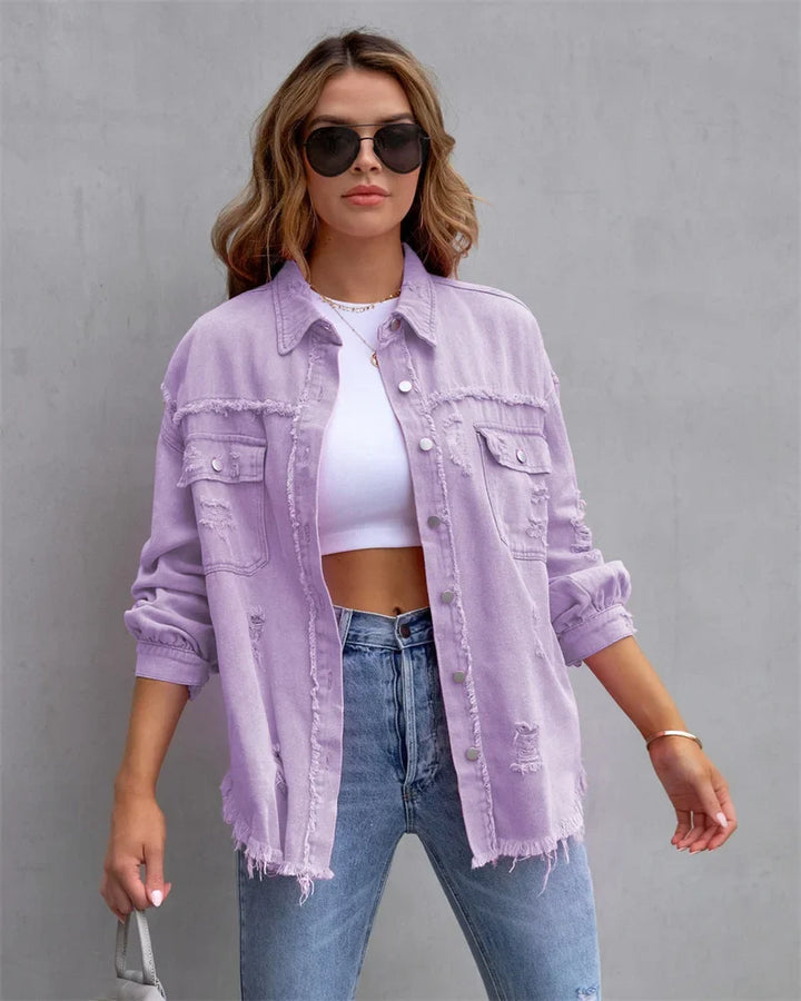 Boho women's denim jacket with Ibiza flair & slim fit for spring/summer – Yara-Purple-S-The Livary
