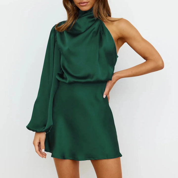 Satinised Women's Mini Dress with One-Shoulder Design & Asymmetrical Sleeve – Elvira-Pink-XS-The Livary