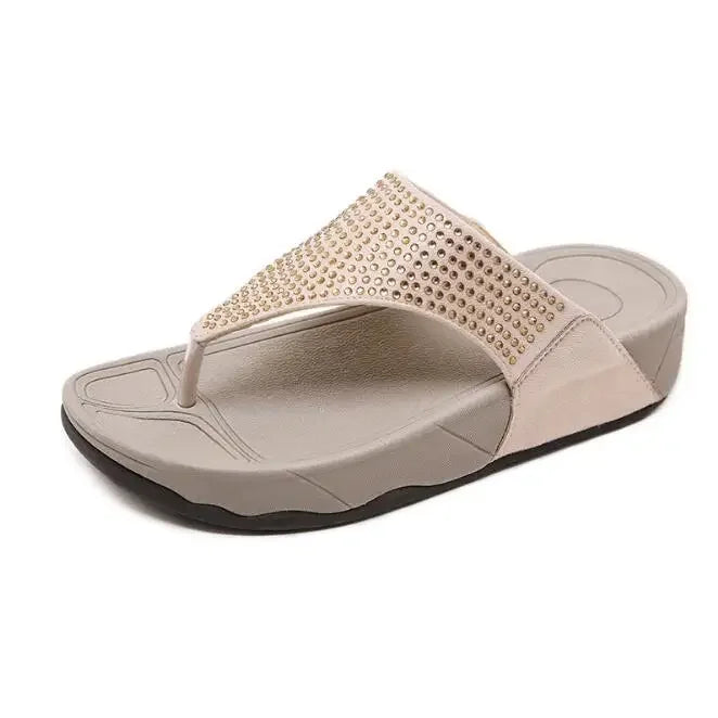 Comfortable ladies' platform slippers with rhinestones – Geneva-Beige-3.5-The Livary