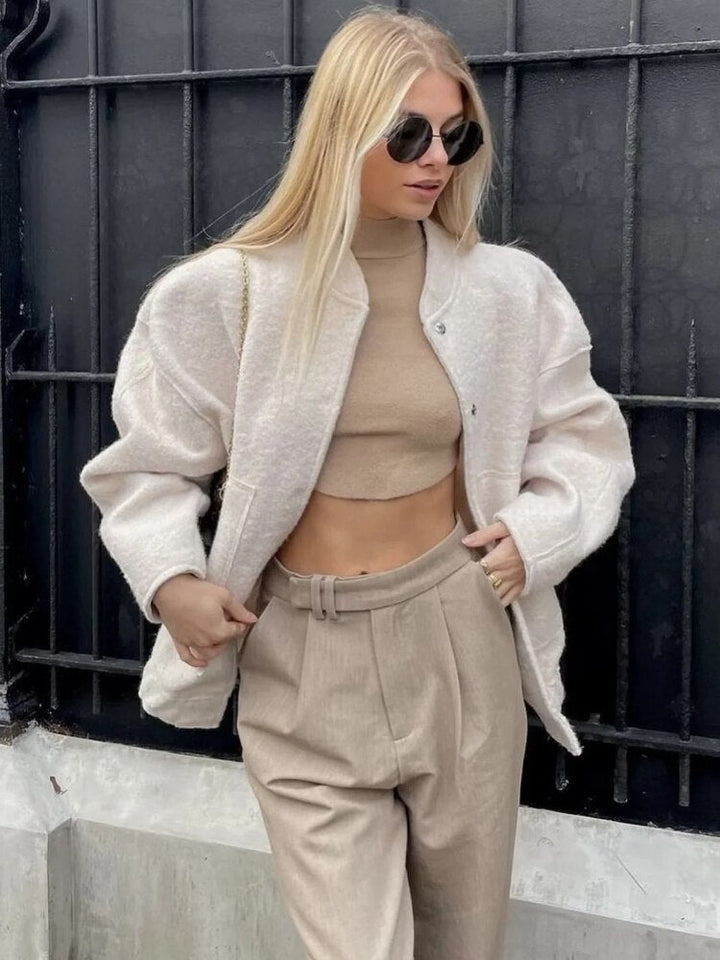 Oversized Wool Coat with Round Neck and Buttons - Selena-Camel-S-The Livary