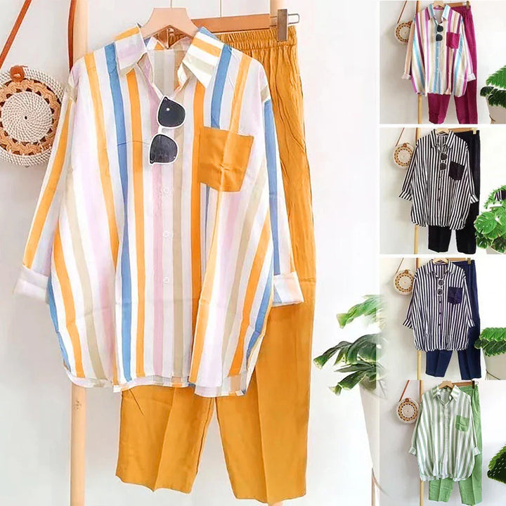 Two-piece summer set made of linen Loose shirt & Wide trousers - Zayenne-Rose pink-S-The Livary
