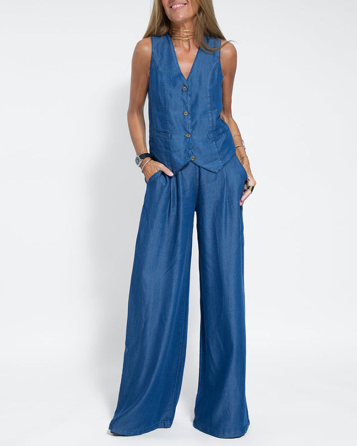 Linen 2-Piece Set with Wide Trousers and Jacket – Alma-Blue-S-The Livary