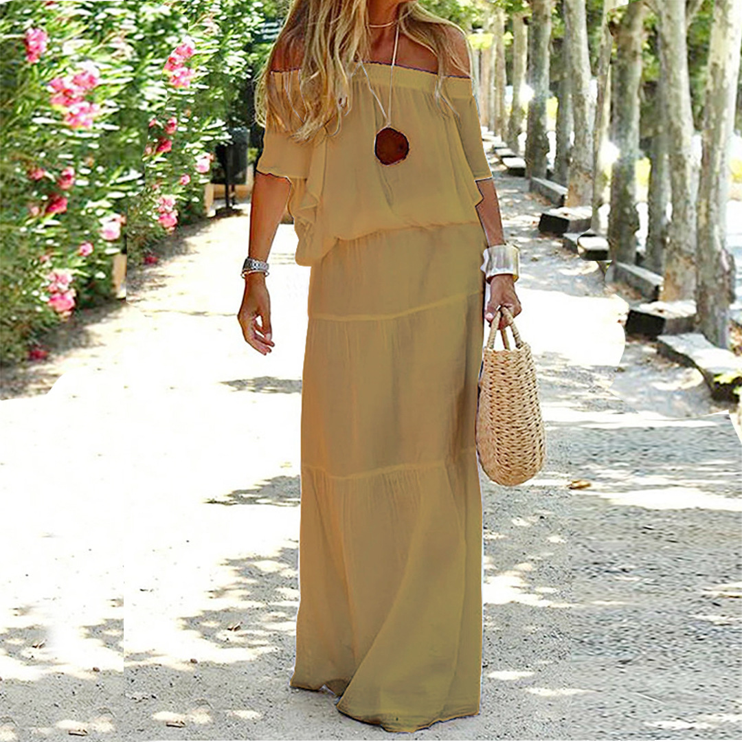 Off Shoulder Summer Dress - Soleil-Khaki-S-The Livary