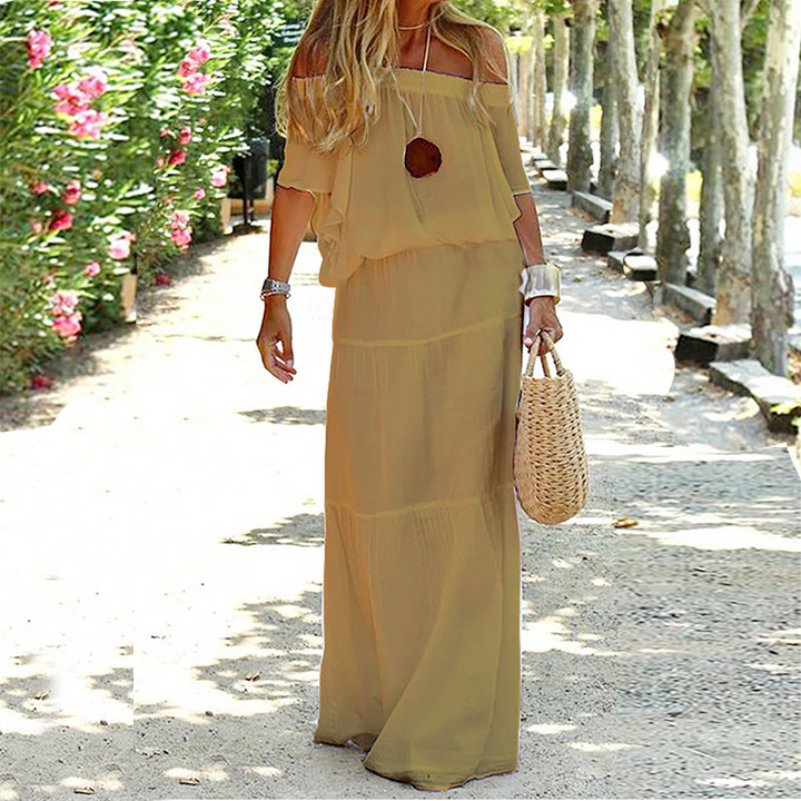 Off Shoulder Summer Dress - Soleil-Khaki-S-The Livary