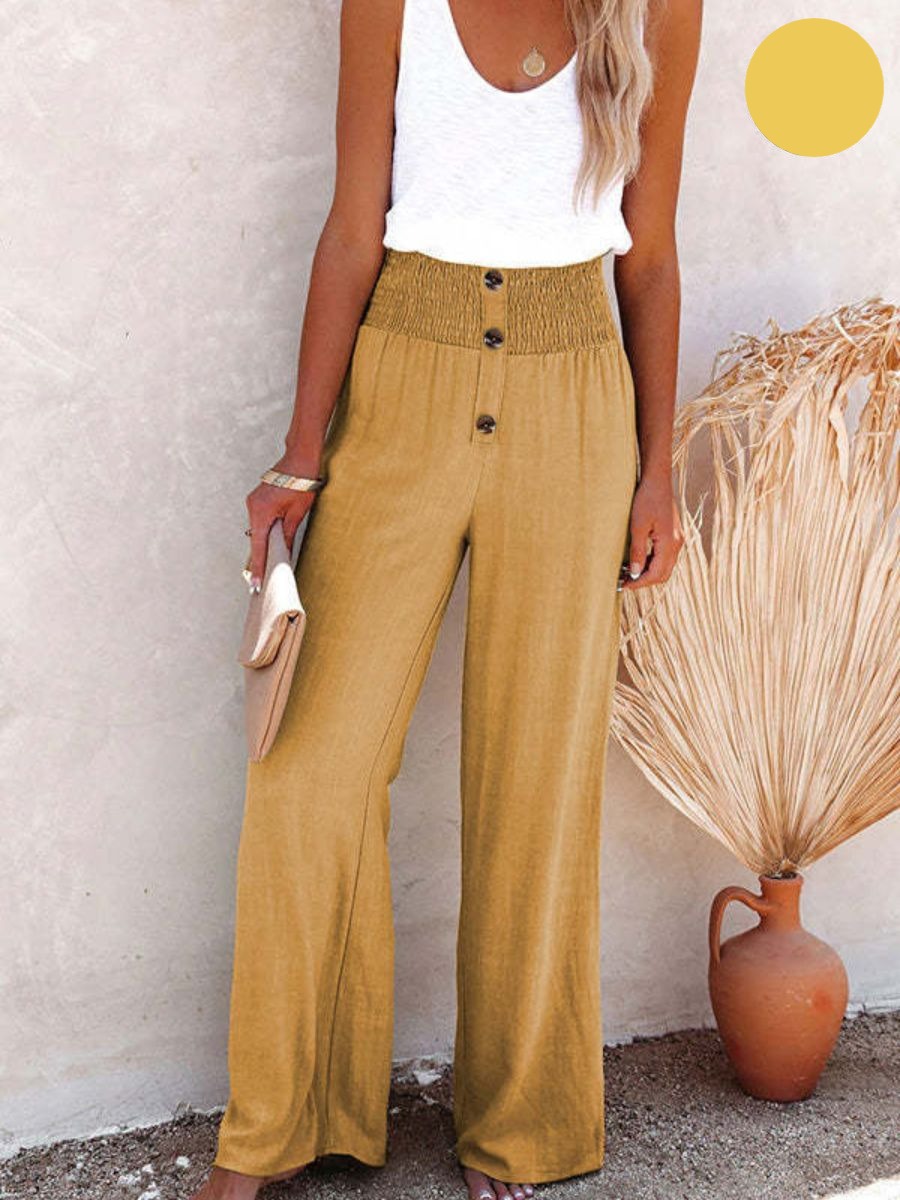 Ladies' linen trousers with a high waist and wide leg – Livia-Yellow-S-The Livary