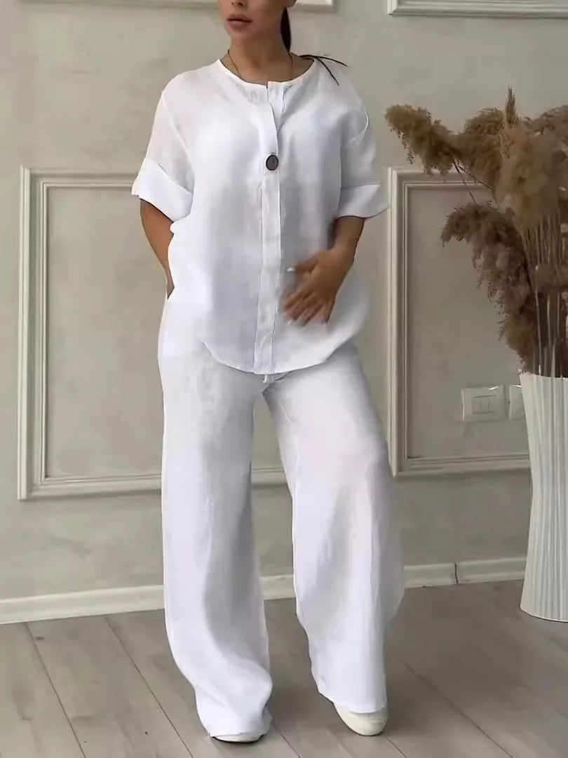 Airy & Stylish Summer Set with Blouse & Wide Trousers made of Linen – Melina-White-S-The Livary