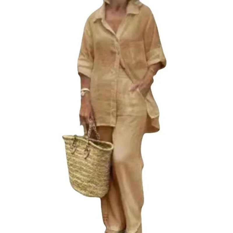 Airy & Stylish Oversized Linen Combo with Blouse and Trousers for Women – Amaris-Blue-S-The Livary