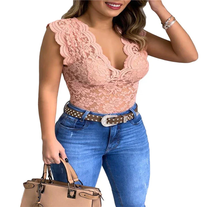 Stylish ladies' summer top made of lace with floral pattern - SpitzenLicht-Pink-S-The Livary