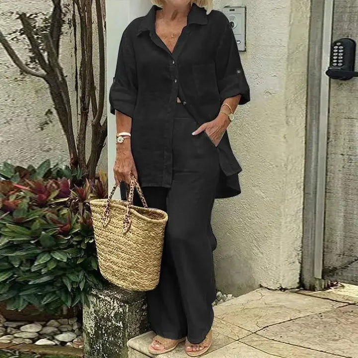 Airy & Stylish Oversized Linen Combo with Blouse and Trousers for Women – Amaris-Black-S-The Livary