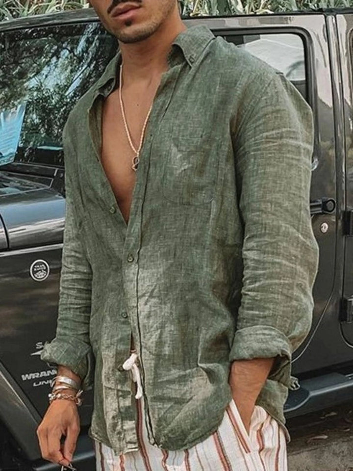 Light men's linen shirt with button placket – Fabio-Green-S-The Livary
