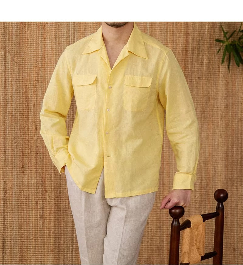 Lightweight men's shirt made of linen with Cuban collar and long sleeves – Mateo-Brown-S-The Livary