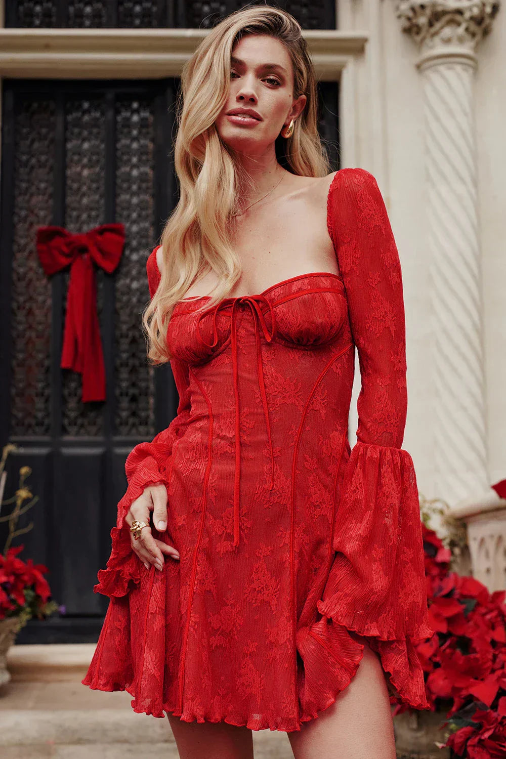 Playful lace mini dress with long sleeves – Arielle-Red-S-The Livary