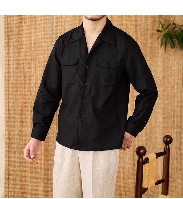 Lightweight men's shirt made of linen with Cuban collar and long sleeves – Mateo-Brown-S-The Livary