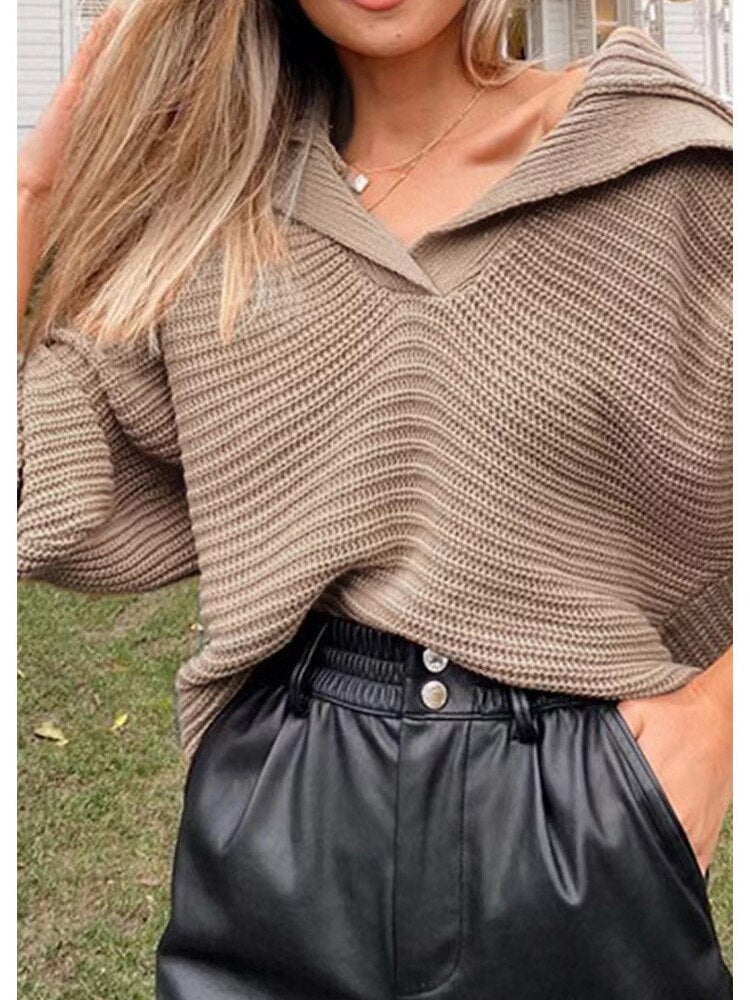 Knitted V-Neck Sweater - Isolde-Khaki-S-The Livary