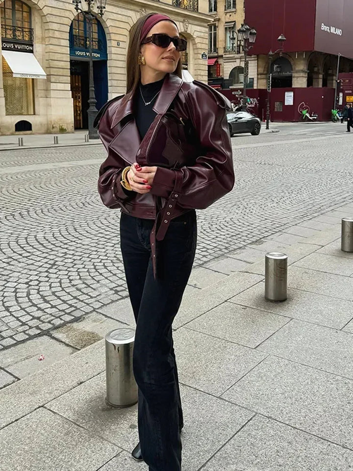 Short women's leather jacket in cherry red with lapel collar – Livana-Cherry red (Burgundy)-S-The Livary