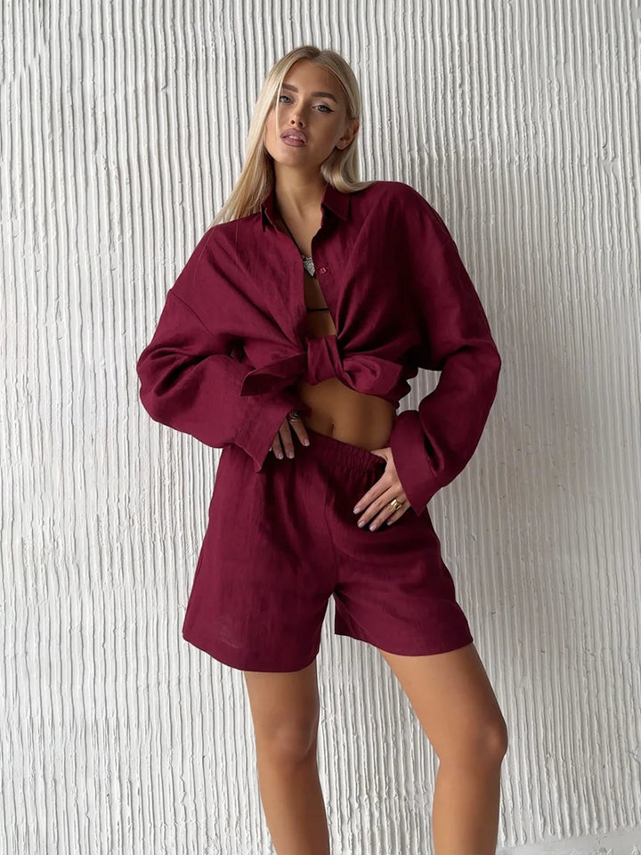 Ladies Summer Two-Piece Trouser & Top – Léonie-Wine red short-S-The Livary