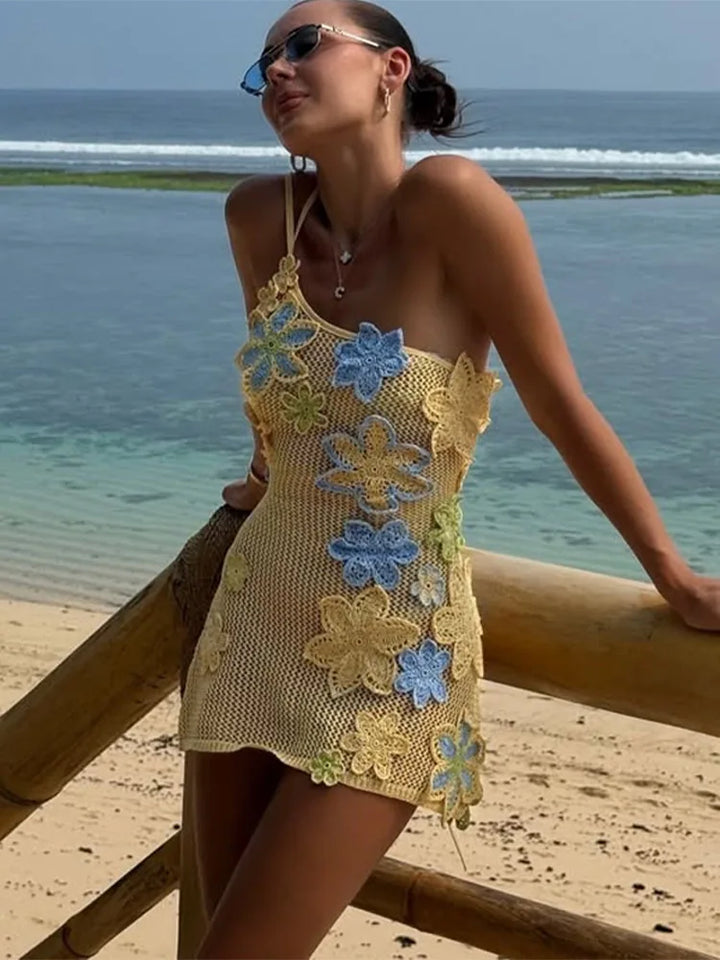 Yellow crocheted summer mini dress with floral embroidery for women – Nari-S-The Livary