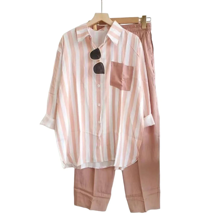 Two-piece summer set made of linen Loose shirt & Wide trousers - Zayenne-Pink-S-The Livary