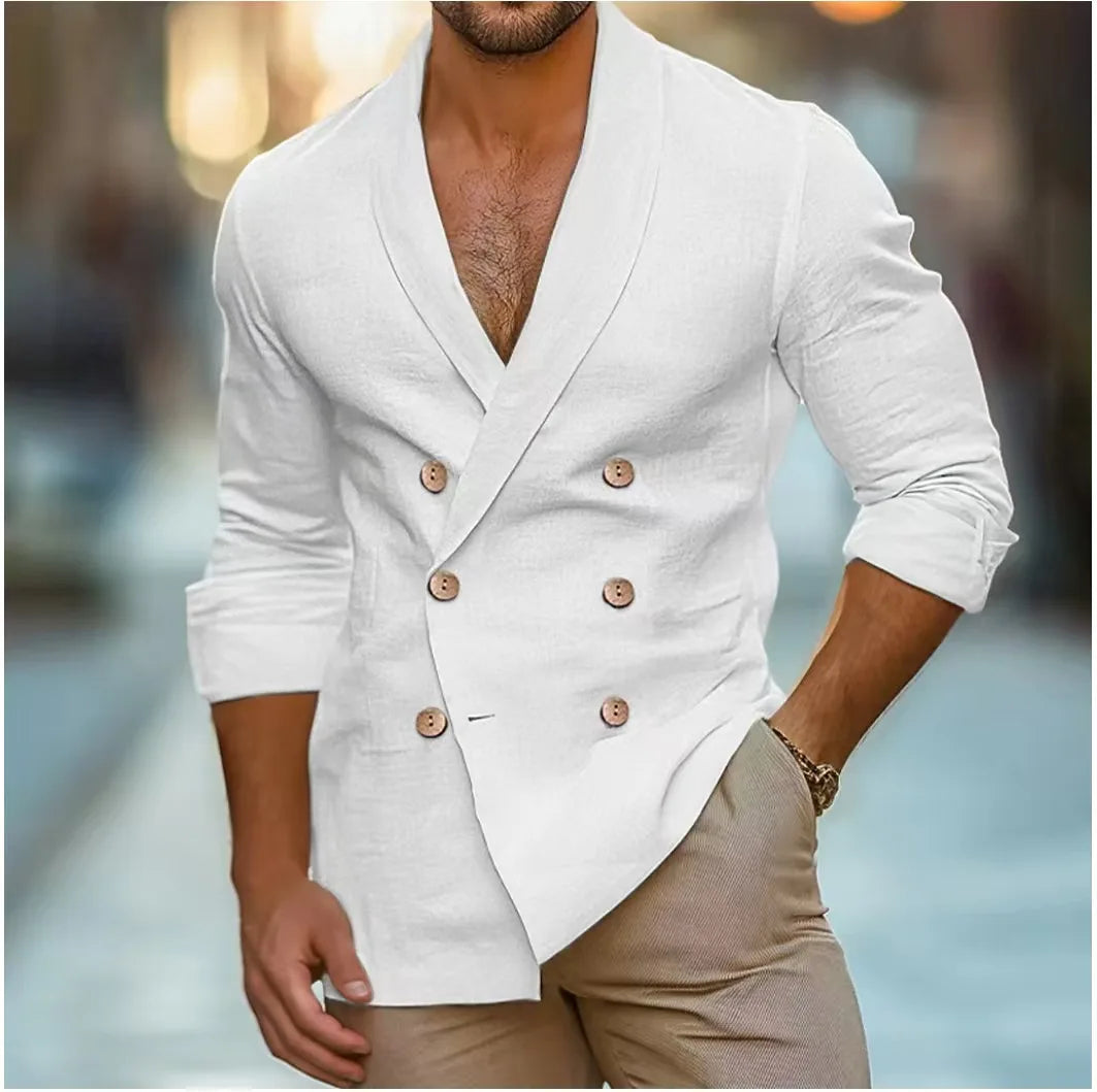 Breathable & Stylish Double-Breasted Linen Shirt for Men – Mateo-White-S-The Livary