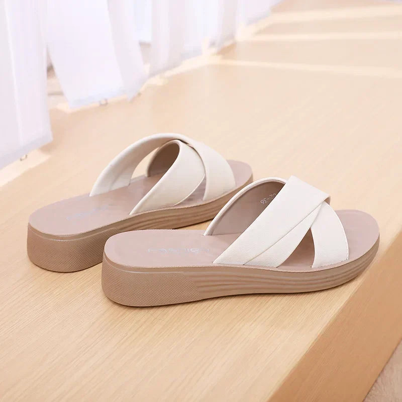 Ladies' wedge slippers made of leatherette with an open toe – Cassy-Beige-3.5-The Livary
