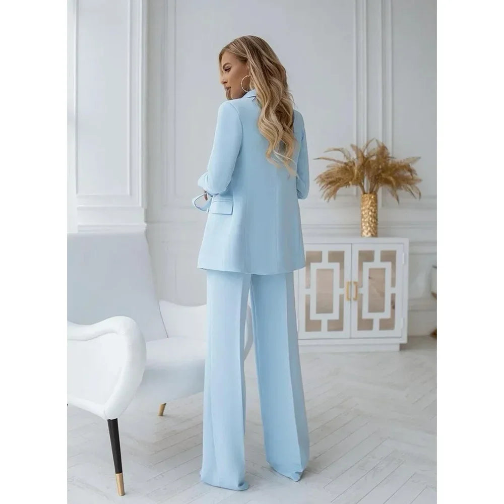 Two-piece light blue trouser suit set with double-breasted design – Vivienne-S-The Livary