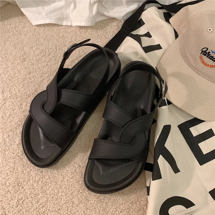 Trendy platform sandals in Korean style for women - Alina-Cut-Out Black-3-The Livary