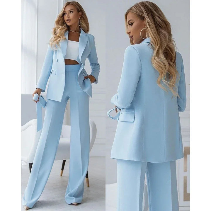 Two-piece light blue trouser suit set with double-breasted design – Vivienne-S-The Livary